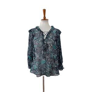 Anthropologie Womens Floral Sheer Blouse Ruffles Lace Up Boho Blue M Medium